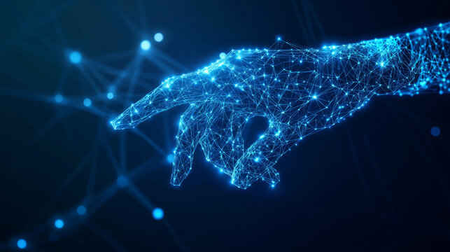 An outstretched luminous hand symbolizing digital communication, innovation and futuristic technology.