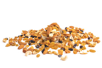 ssorted nuts on white, dry fruits, mix nuts, almond, cashew, pistachio, raisin