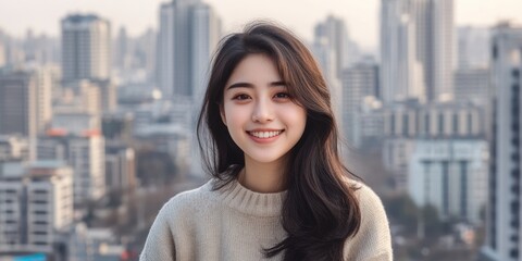 Joyful Chinese Woman Smiling While Admiring Urban Cityscape from High Altitude