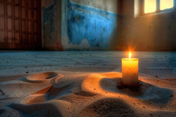 A single lit candle on a sandy beach, perfect for outdoor events or coastal-themed designs