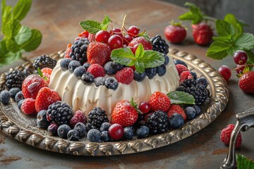 A sweet treat featuring fresh berries and mint leaves on a plate, perfect for snacking or serving at a gathering