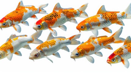 A group of brightly colored koi fish in shades of orange, white, and black, swimming in a synchronized pattern, commonly seen as symbols of luck and good fortune.

