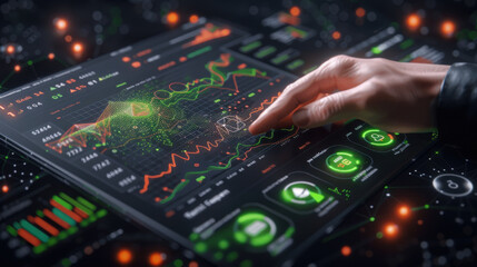 Fototapeta premium close up of hand interacting with high tech digital dashboard displaying various data visualizations and analytics. vibrant colors and intricate graphics create futuristic atmosphere