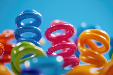 A collection of vibrant plastic rings against a bright blue backdrop
