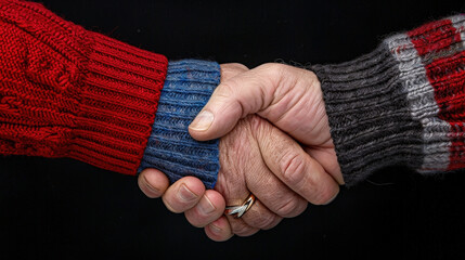 close up of intertwined hands wearing colorful knitted sweaters, showcasing wedding rings, symbolizes unity and love. warm colors evoke sense of connection and togetherness