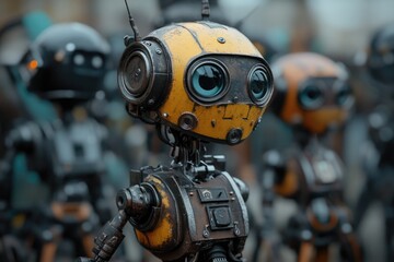 Group of small robots positioned side by side, ready for action or interaction