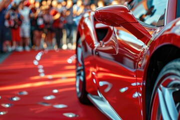 A luxury sports car parked on a luxurious red carpet, perfect for events and formal occasions