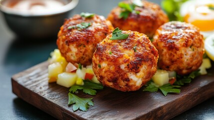 Savory chicken meatballs and vibrant vegetables displayed on a charming wooden cutting board