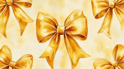 A decorative arrangement of gold bows on a plain white background, suitable for use in gift wrapping or party decorations