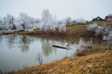 A Serene Winter Landscape Featuring Frosted Trees and a Calm, Still Pond that creates a peaceful...