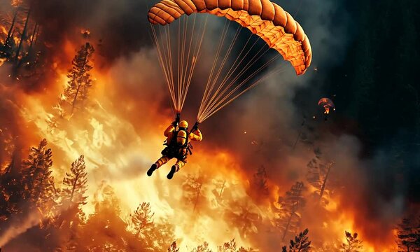 Firefighter parachuting into a burning forest
