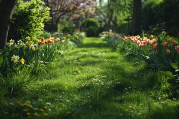 A serene pathway surrounded by lush greenery, perfect for a peaceful stroll or nature photography