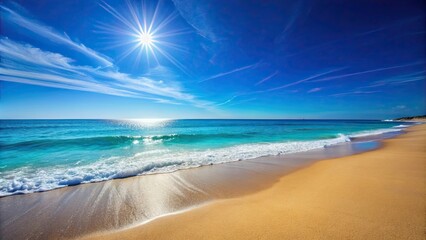 Obraz premium Blue sea and beach sand landscape with clear blue sky and sunshine , beach, tropical, nature, ocean, relaxation, vacation