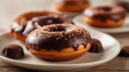 Closeup of delicious chocolate donut on plate blurred background