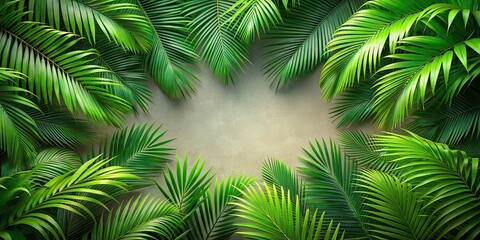 Fototapeta premium Palm tree leaves overlay texture with border of fresh green tropical plants on background, tropical, palm tree, leaves, overlay