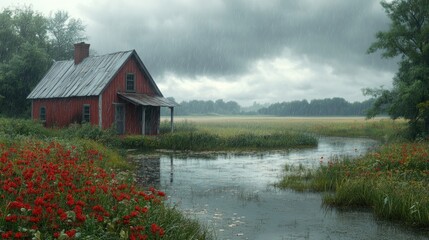 A rustic red house by a rain-soaked field and stream.