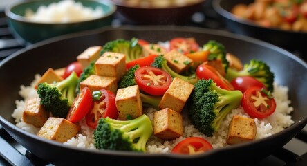 A vibrant vegetable stir-fry with tofu and rice on a cast-iron skillet