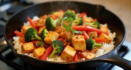 A vibrant vegetable stir-fry with tofu and rice on a cast-iron skillet