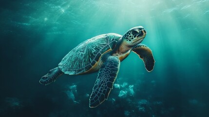 Obraz premium Sea Turtle Swimming in a Polluted Ocean