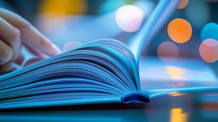 Close-up of Open Book with Blurred Bokeh Lights