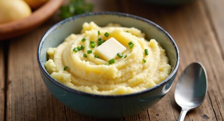 A bowl of creamy mashed potatoes with butter and chives