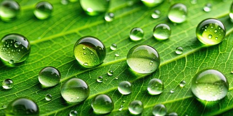 Fototapeta premium Close up of clear water droplets on a green leaf , water, droplets, close up, macro, nature, green, leaf, freshness, purity, reflection