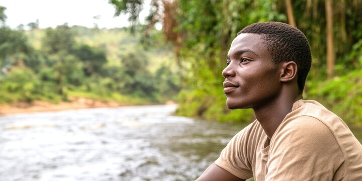 Gentle Ugandan Young Man Reflecting by the Rivers Edge in a Serene Natural Setting