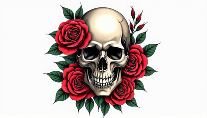 Fototapeta premium Skull and Roses Tattoo - Ornate Skull with Rose Cluster