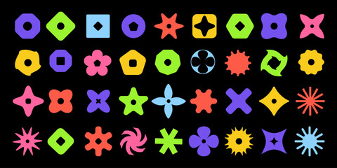 Abstract retro aesthetic y2k geometric elements sticker in Brutalism style pack isolated on a black background.Colorful Abstract geometric shapes and icons set.Trendy Set of minimal icons.Vector