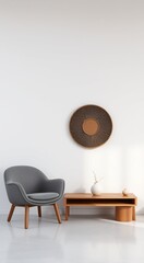 Minimalist living room interior with a gray armchair, wooden coffee table and a decorative wall piece.