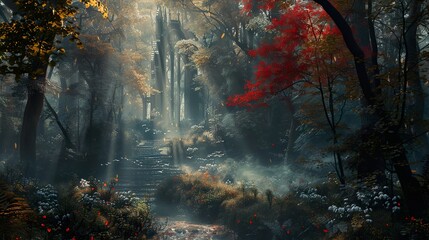 Enchanted Forest Path with Stone Ruins