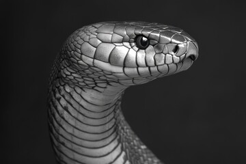 A close-up image of a snake in shades of gray