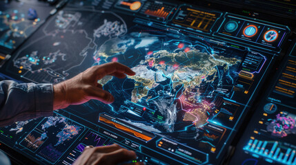 Fototapeta premium Digital dashboard filled with holographic graphs and global data visualization, showcasing interactive technology and analytics. user engages with interface, highlighting modern approach to data