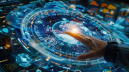 digital dashboard filled with holographic graphs and data visualizations, showcasing advanced technology and interactive elements. hand reaching out suggests engagement and exploration of digital