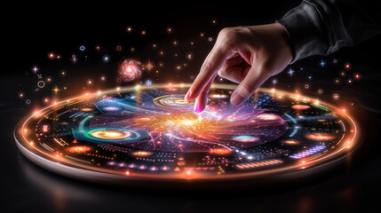 hand interacts with holographic display of vibrant galaxy, showcasing swirling stars and cosmic elements. scene evokes sense of wonder and exploration
