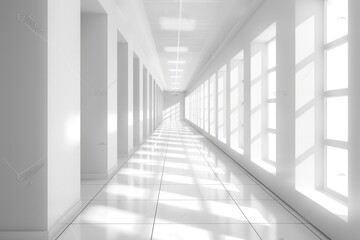 A long, empty hallway with white walls and windows