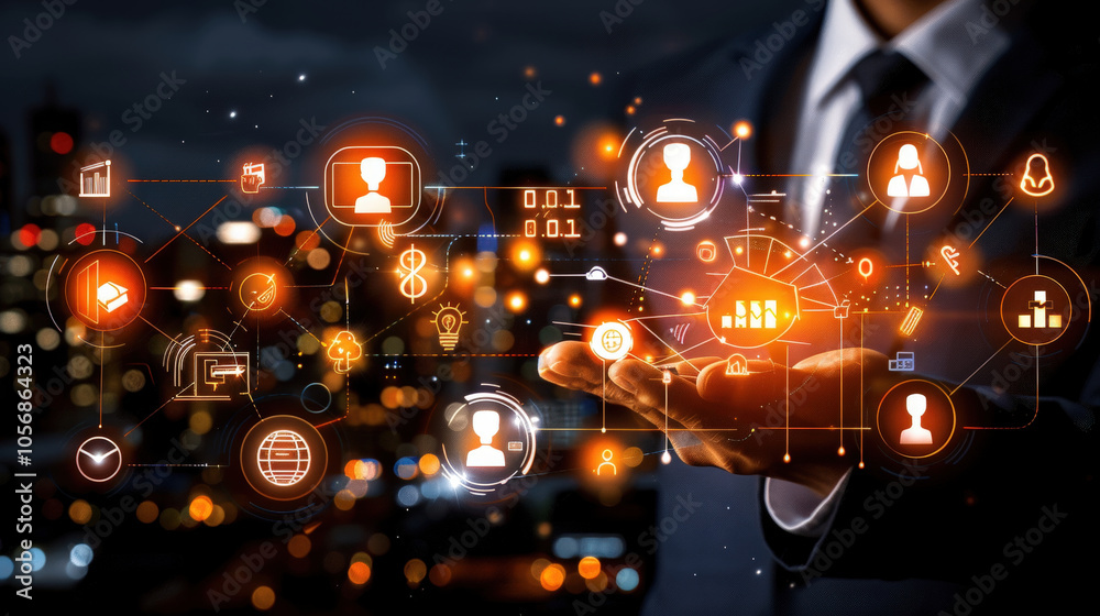 Aufkleber digital interface with glowing icons and data visualization in business setting, showcasing technolo