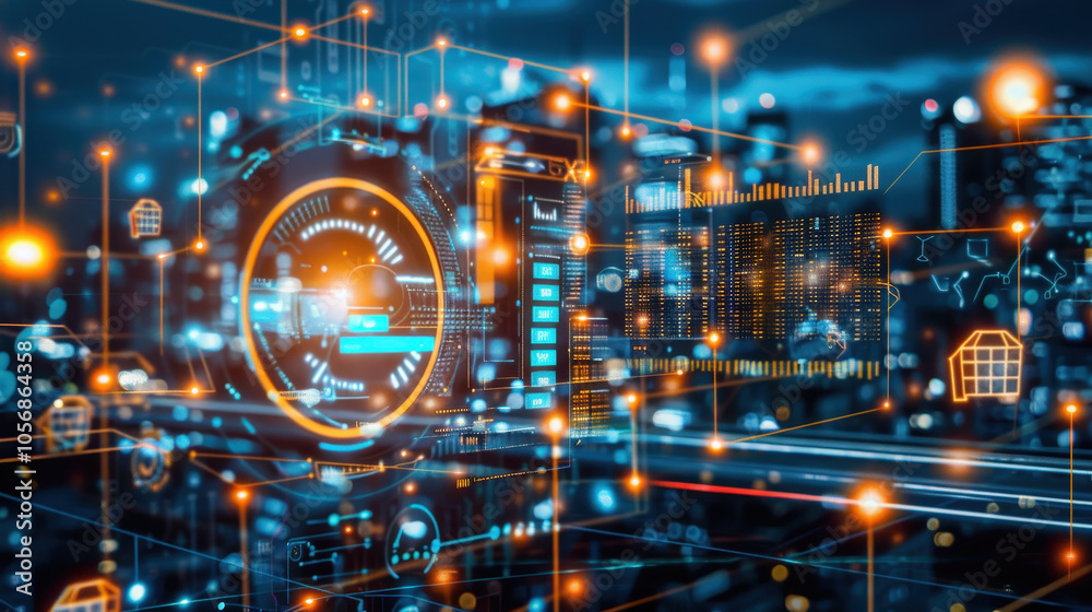 Poster digital interface with glowing icons and data visualization, showcasing advanced technology and conn