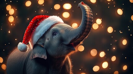 hristmas celebration with elephant wearing a festive Santa hat, gazing up at twinkling lights