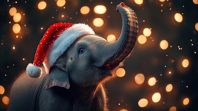 hristmas celebration with elephant wearing a festive Santa hat, gazing up at twinkling lights