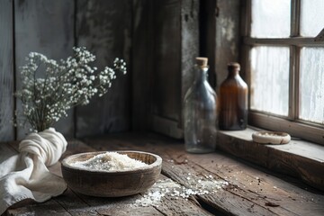 A simple still life scene with a bowl of salt on a wooden table next to a window