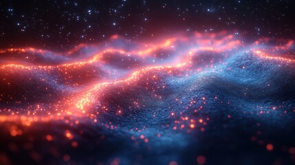 Fototapeta premium Abstract representation of glowing waves in a cosmic landscape.