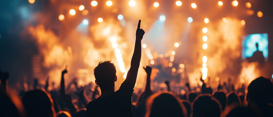 concert crowd with black silhouette of person raising finger, surrounded by vibrant lights and smoke, creating energetic atmosphere