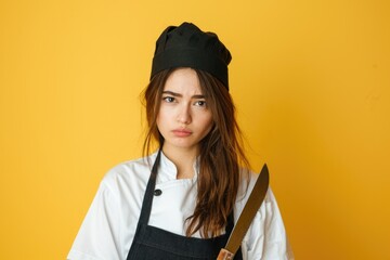 A woman in a chef's uniform holding a knife, ideal for cooking or culinary theme