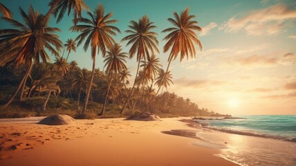 Obraz premium Tropical sandy ocean beach with palm trees vintage toned, cloudy sky