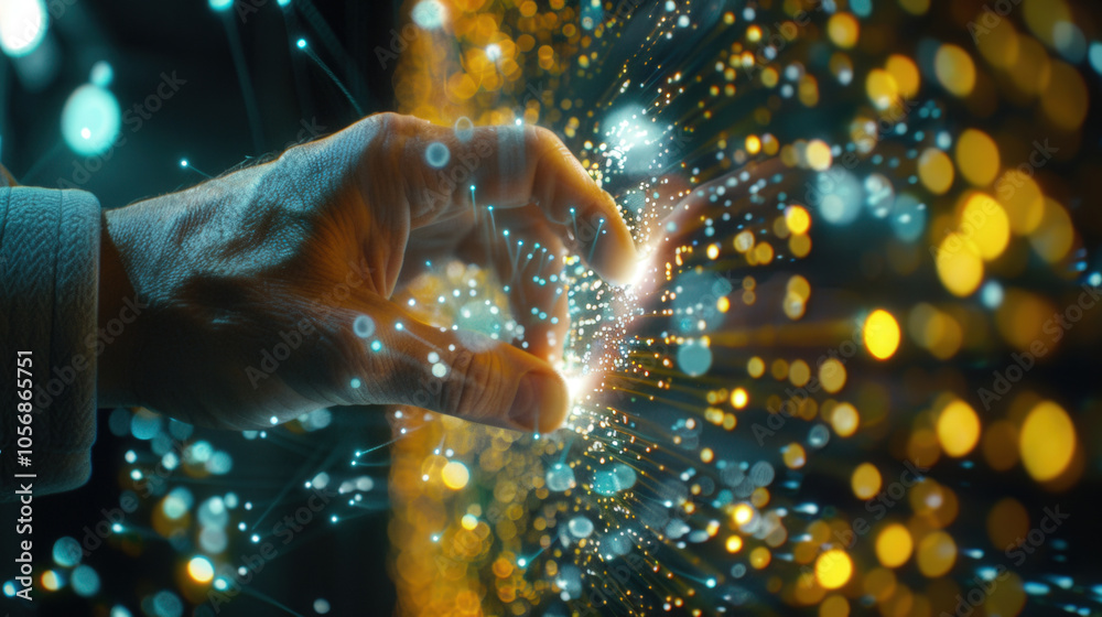 Poster hand reaching out to touch illuminated digital particles, creating sense of connection and interacti