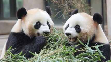 Obraz premium Two Pandas Enjoying a Bamboo Feast