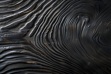 Black wood grain texture with a deep, swirling pattern, ideal for dark and elegant backgrounds in design projects.
