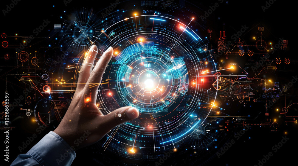 Aufkleber futuristic virtual display with colorful data analysis and technology elements. image conveys sense 