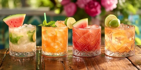 Friends toasting with colorful drinks at a lively party
